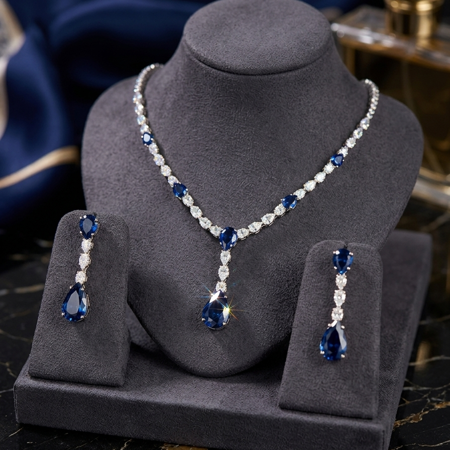 Royal Blue Zircon Teardrop Necklace & Earring Set