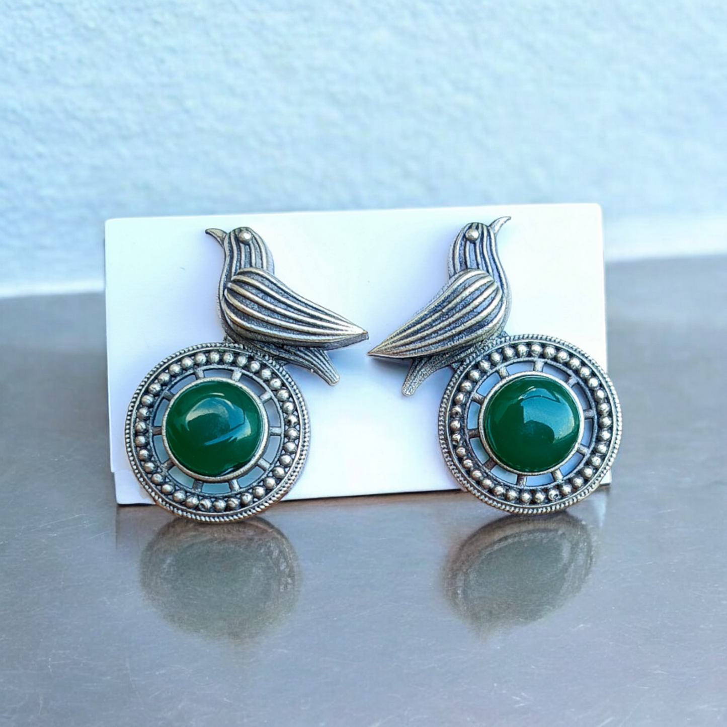 Oxidised Green Bird Earring