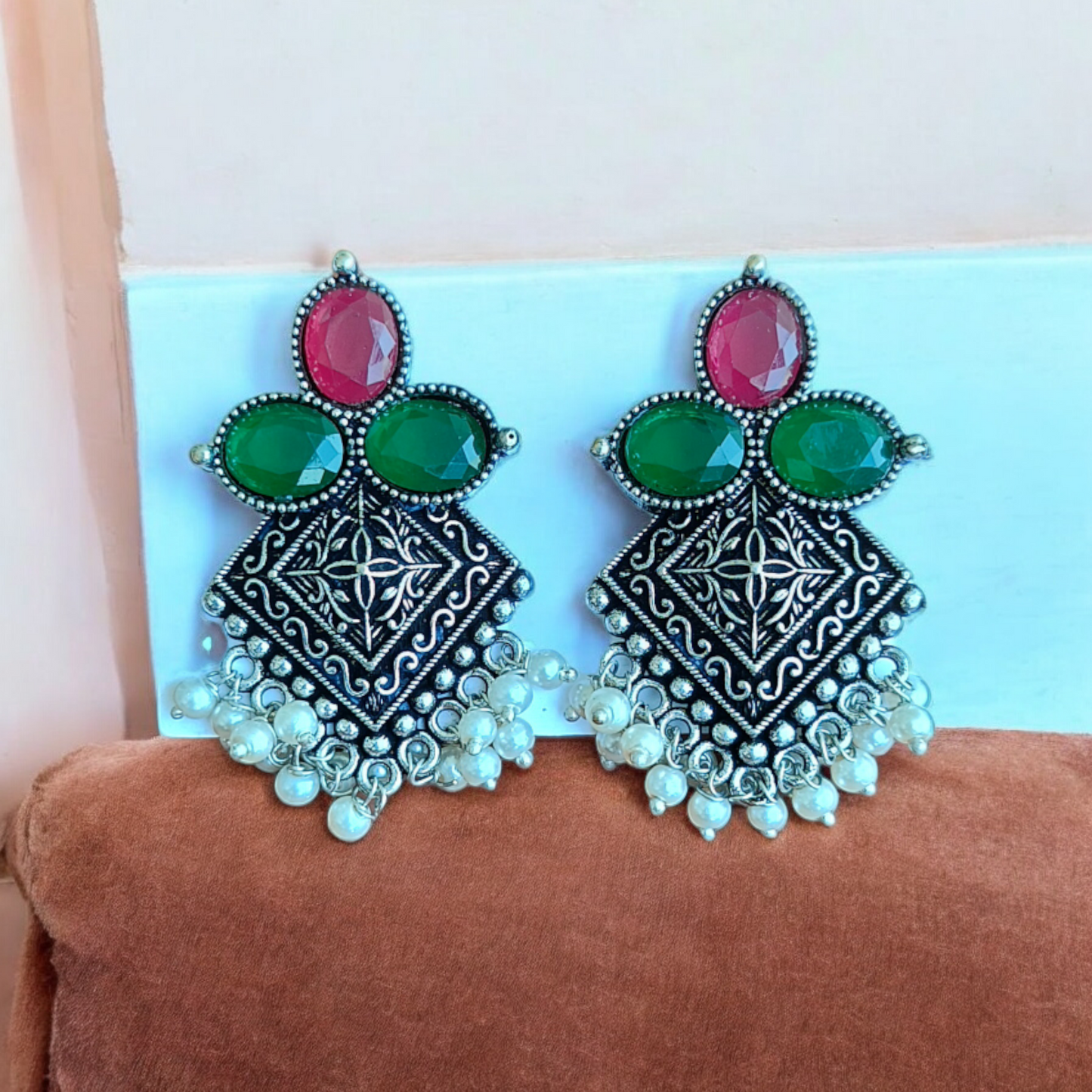 Ruby-Green Oxidized Beads Earring