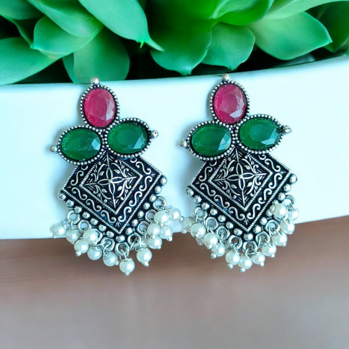 Ruby-Green Oxidized Beads Earring