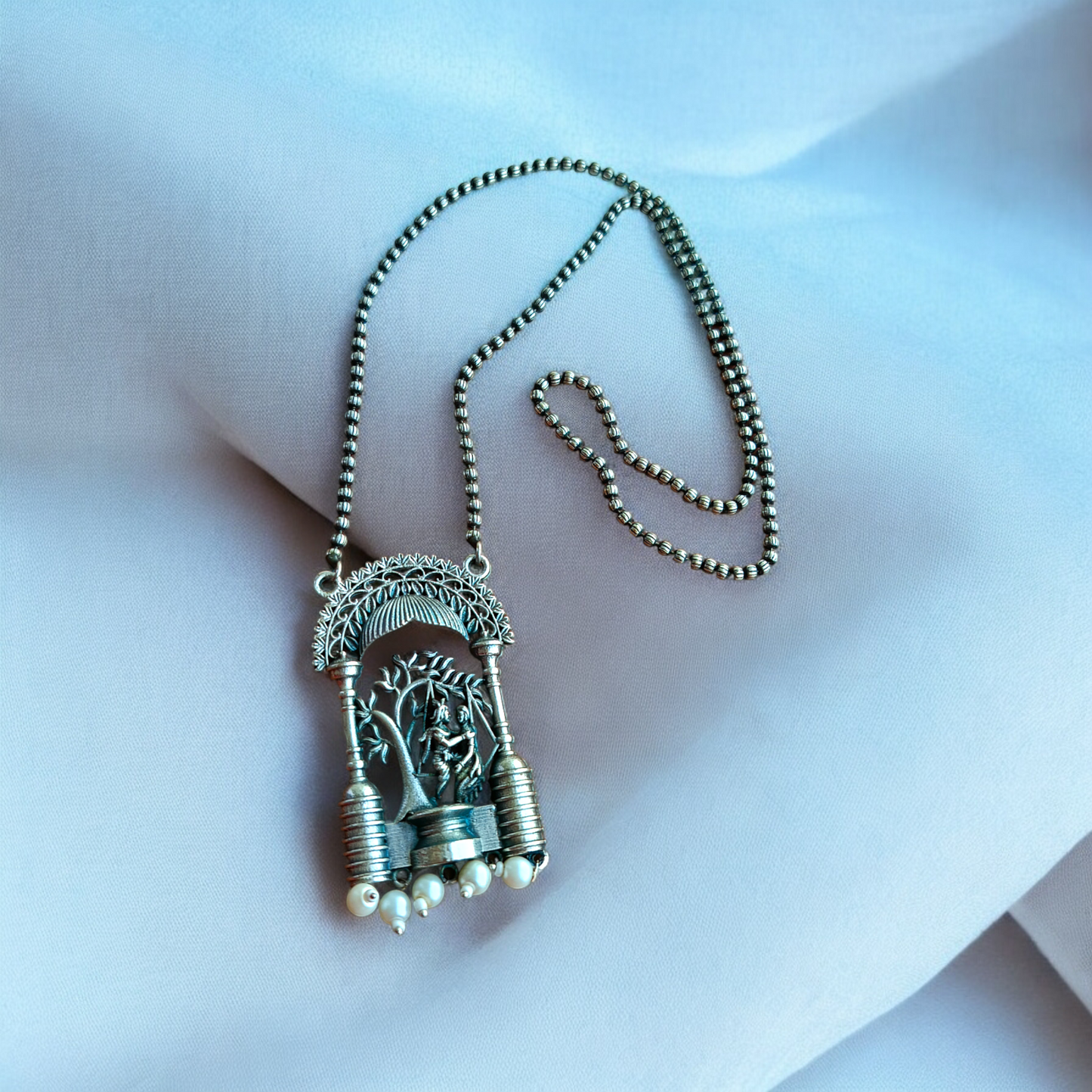 Radha Krishna silver replica long necklace set