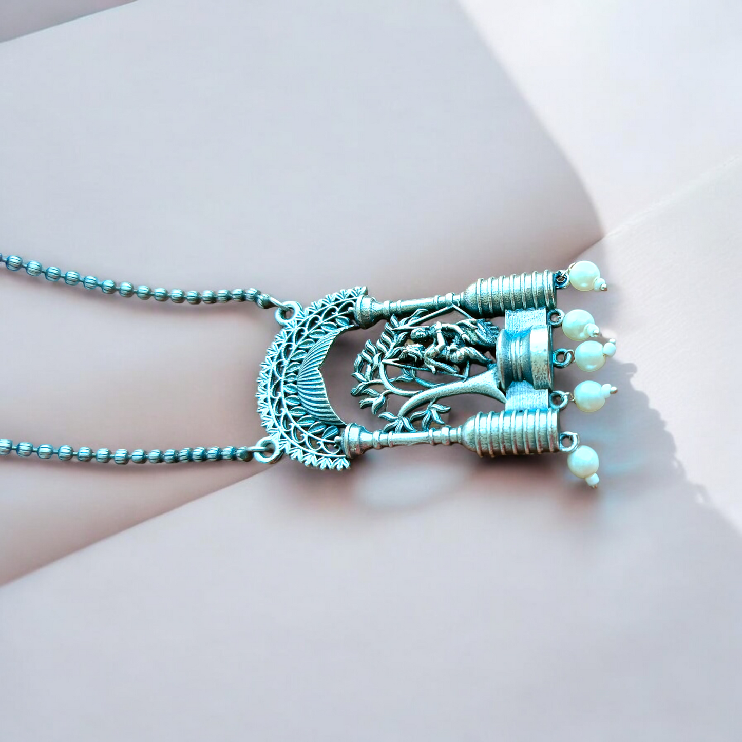 Radha Krishna silver replica long necklace set