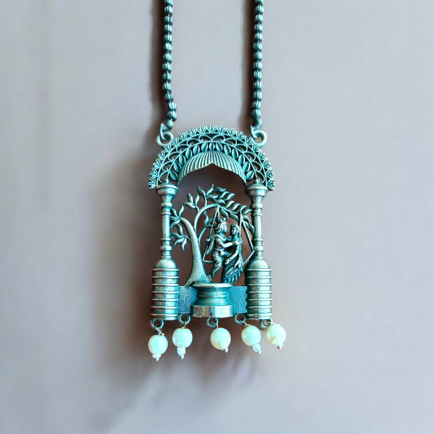 Radha Krishna silver replica long necklace set