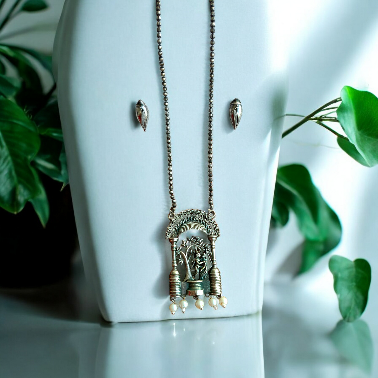 Radha Krishna silver replica long necklace set
