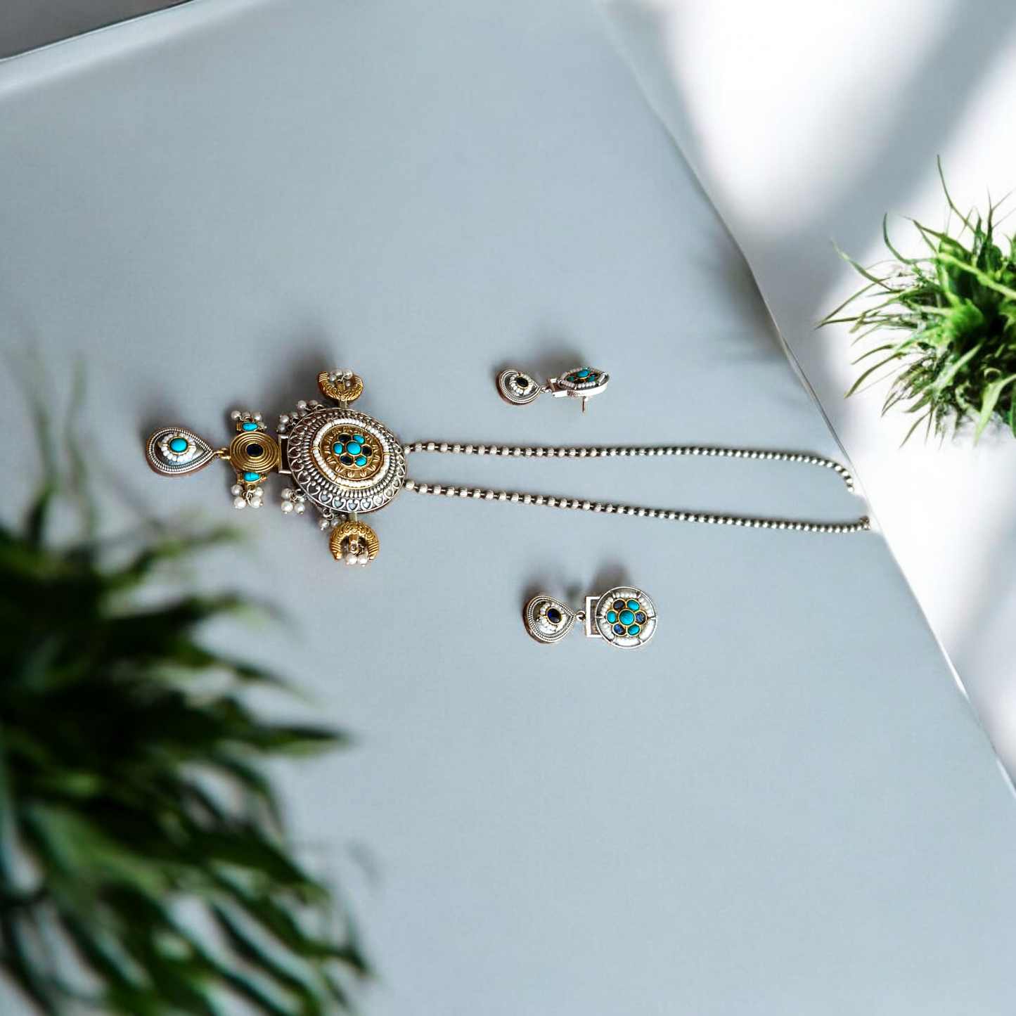 Turquoise dual tone long necklace