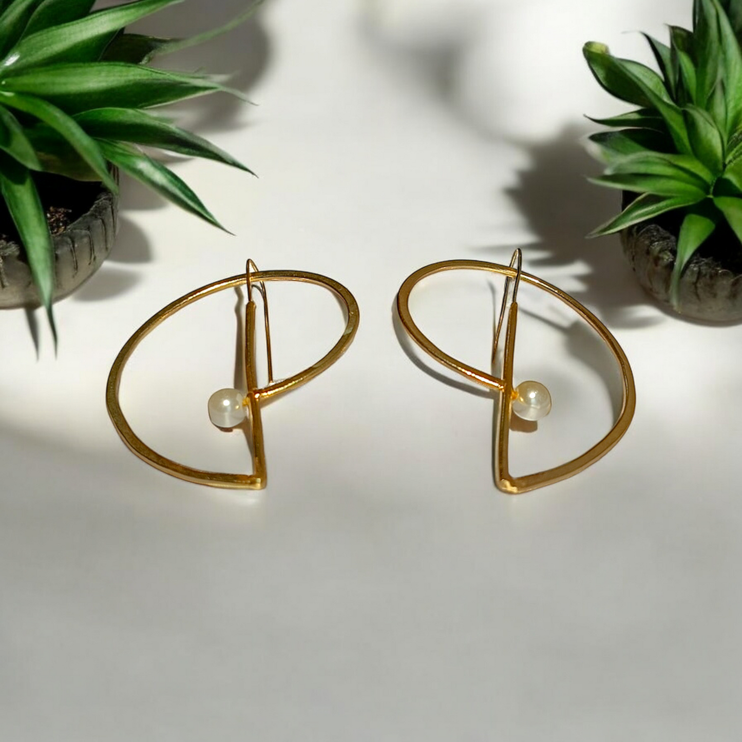 Golden Brass Pearl Statement Earrings