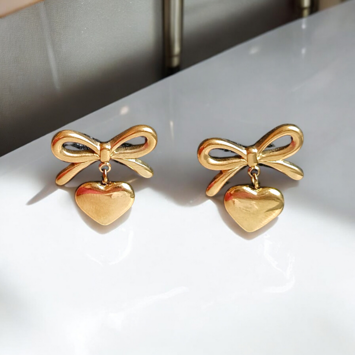Gold Bow & Heart Stud Earrings
