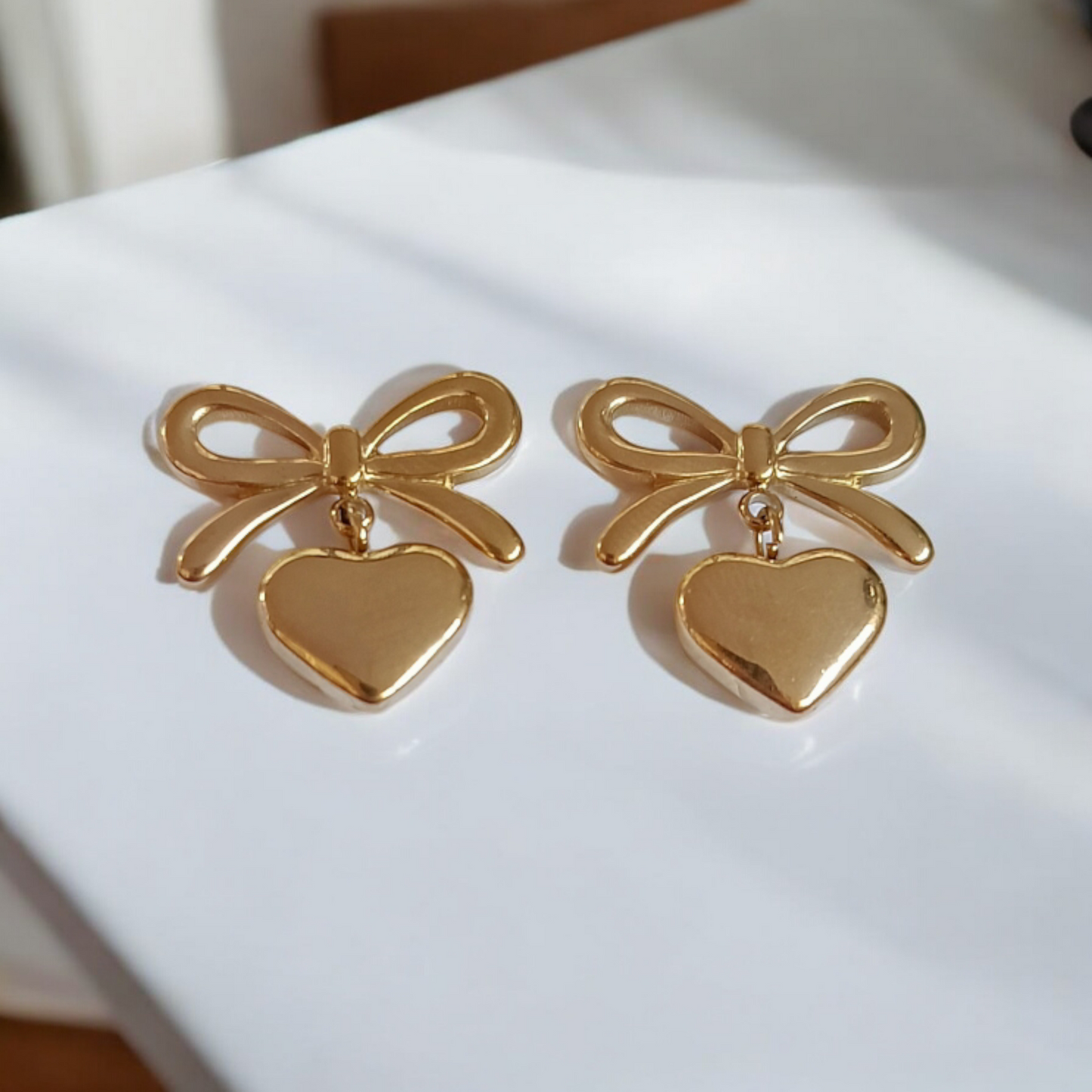 Gold Bow & Heart Stud Earrings