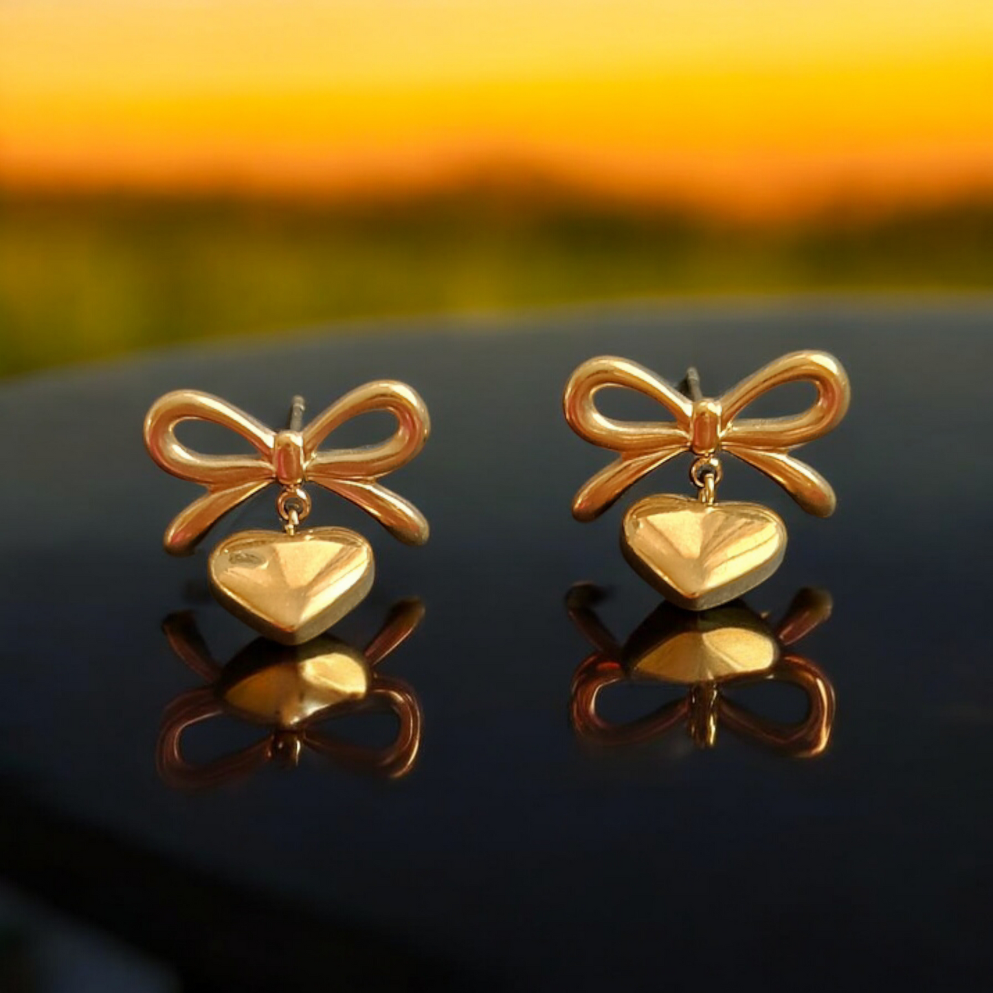 Gold Bow & Heart Stud Earrings