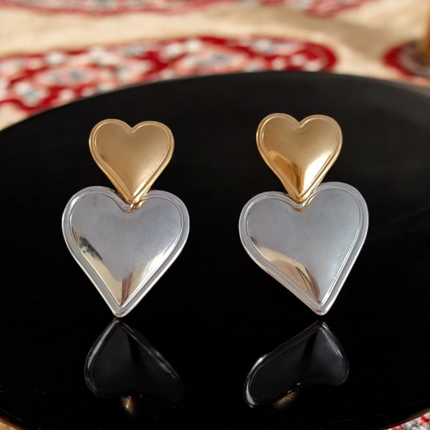 Double Heart Gold & Silver Drop Earrings