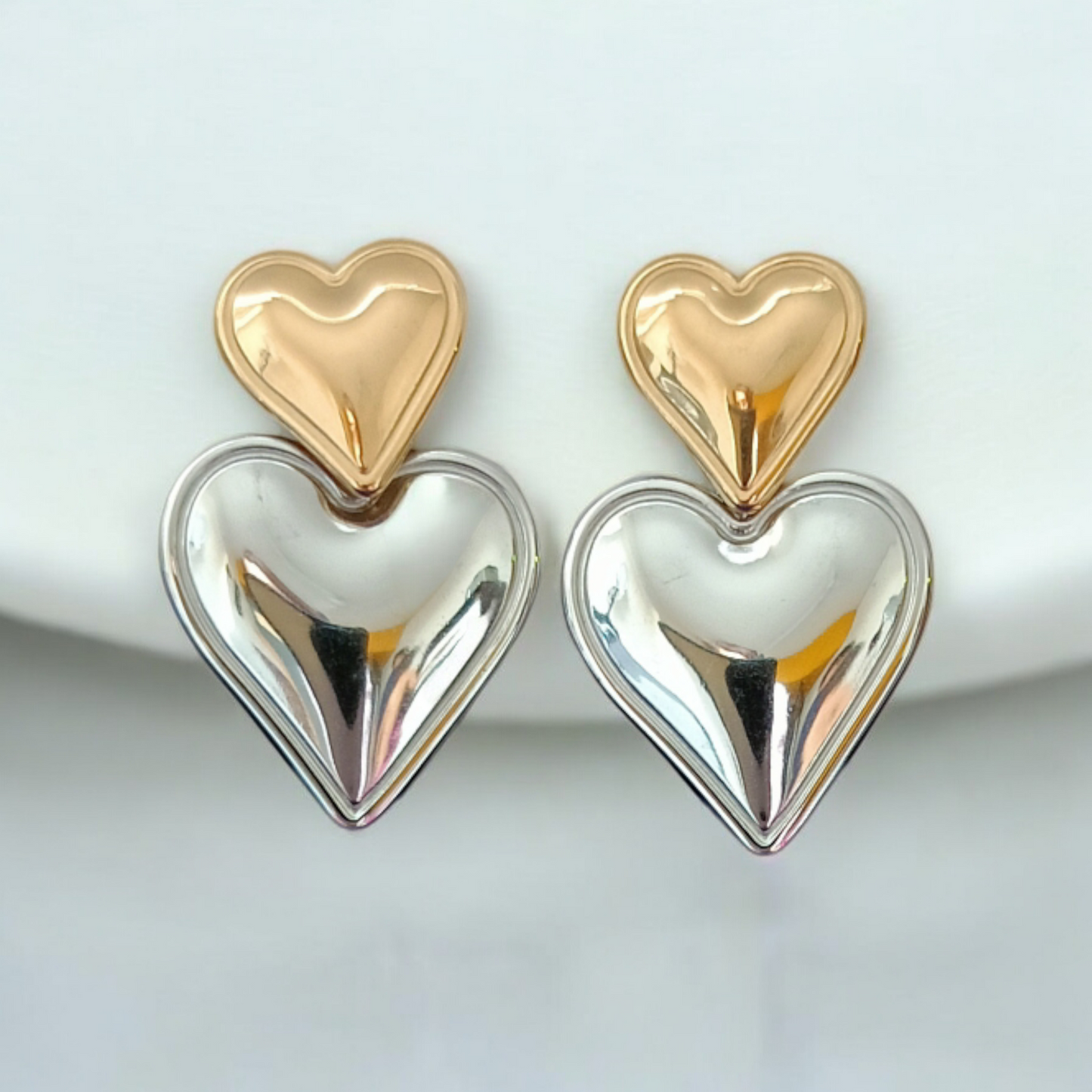 Double Heart Gold & Silver Drop Earrings