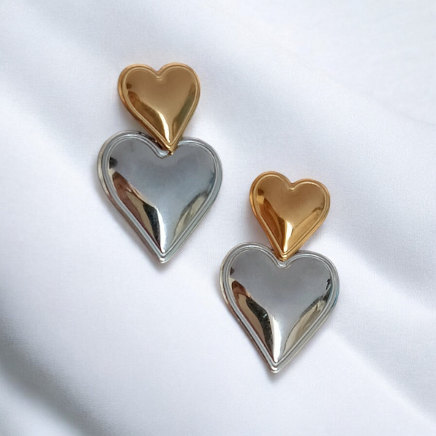 Double Heart Gold & Silver Drop Earrings