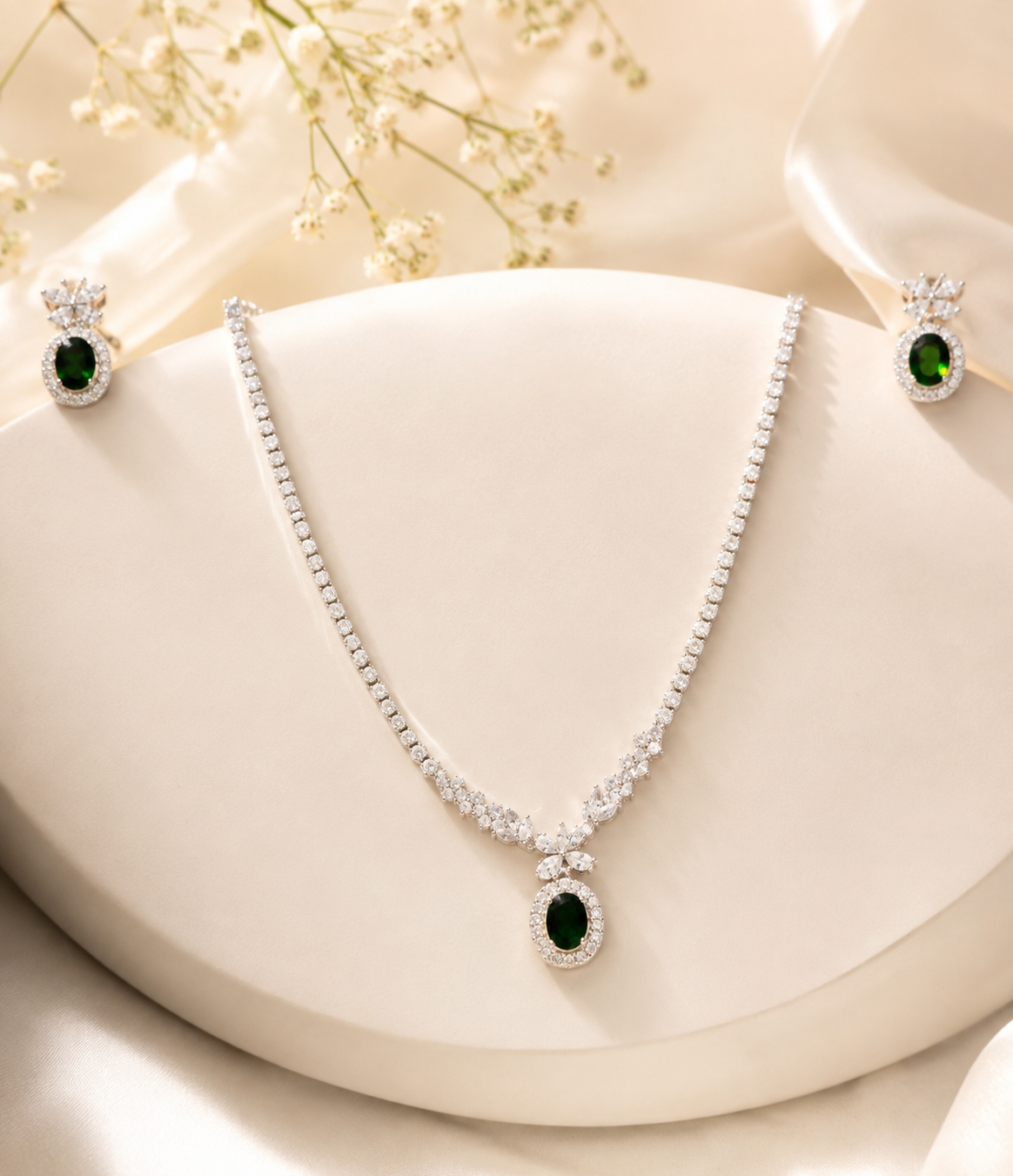 Emerald Green CZ Necklace Earrings Set – Anti-Tarnish Silver Plated