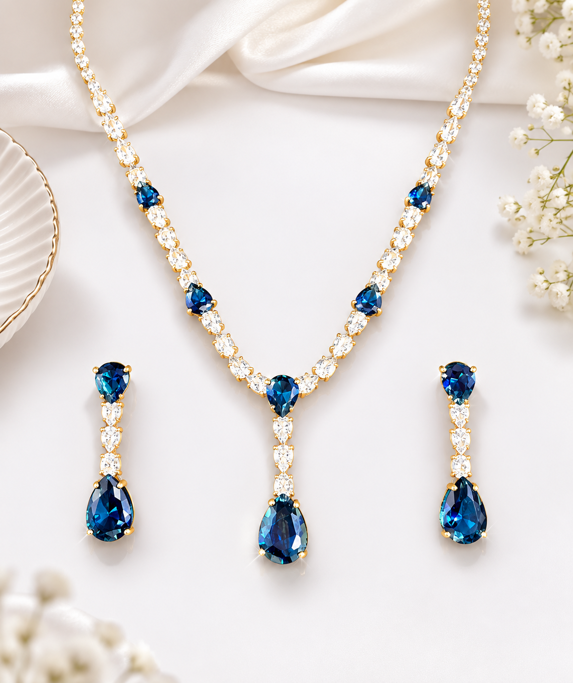 Royal Blue Zircon Teardrop Necklace & Earring Set