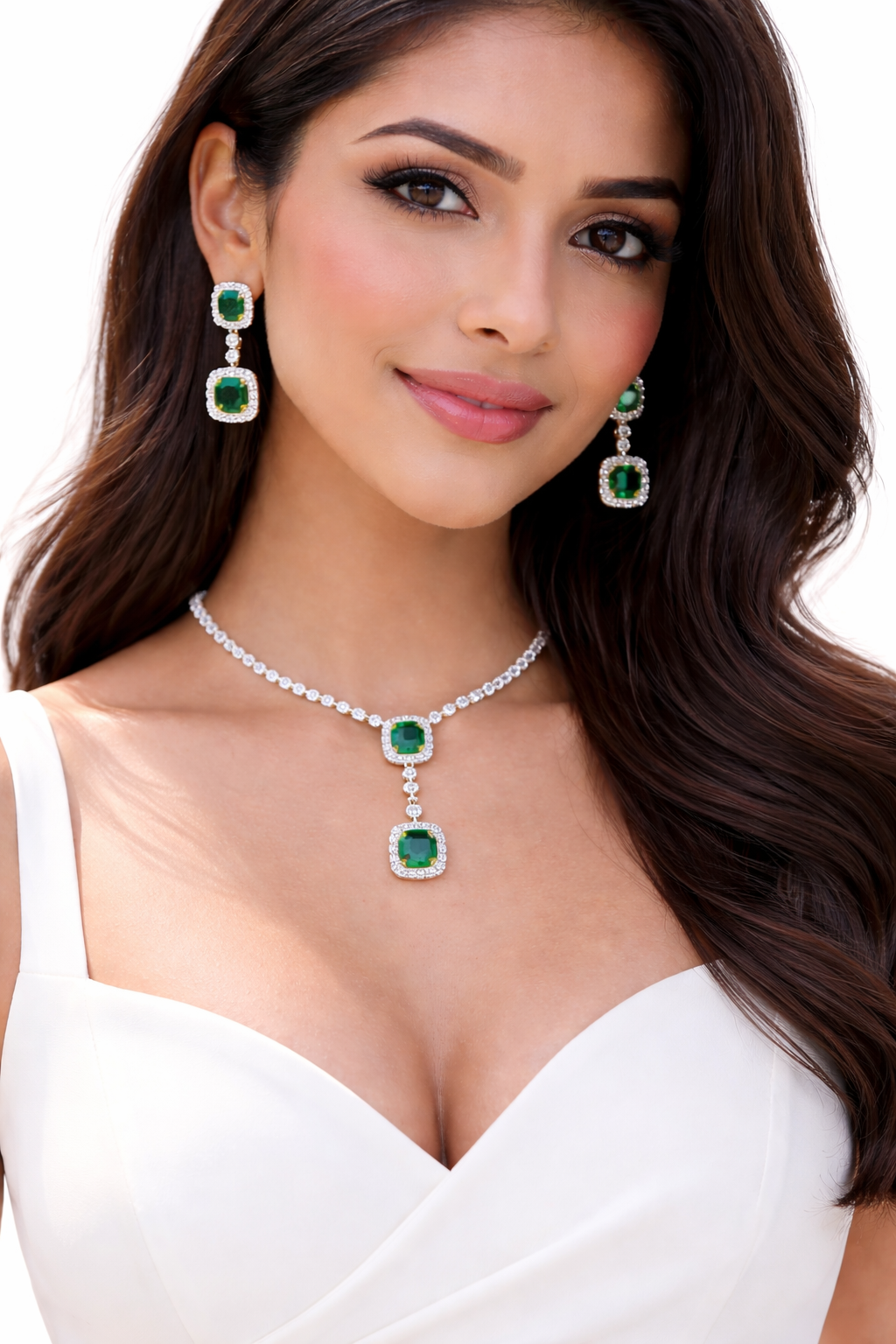 Emerald Tennis Necklace & Earrings Set – 18K Gold Plated
