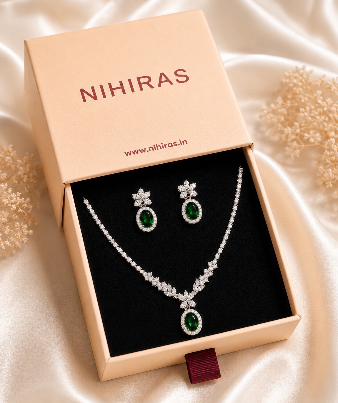 Emerald Green CZ Necklace Earrings Set – Anti-Tarnish Silver Plated