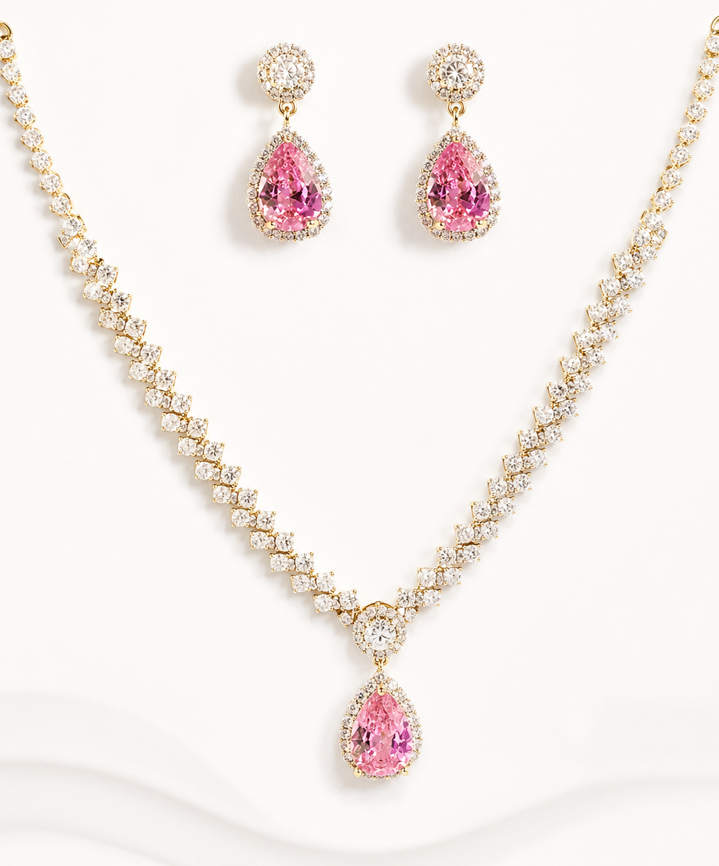 Pink Teardrop CZ Necklace Earring Set | 18K Gold Plated Anti-Tarnish