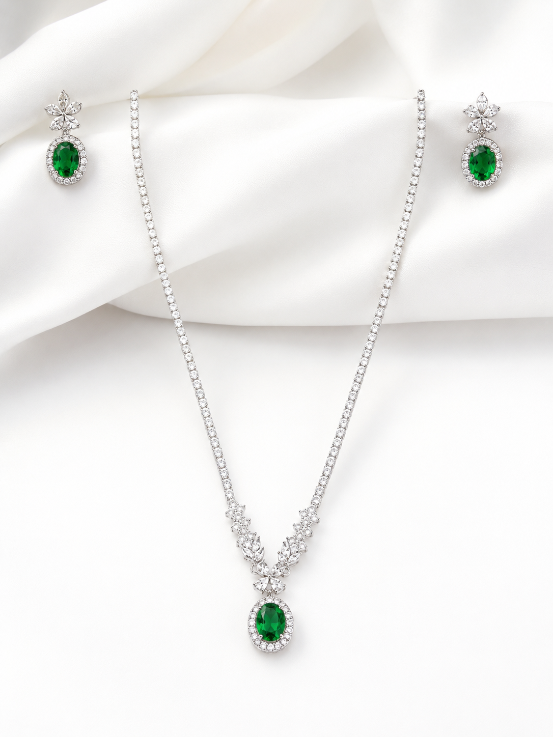 Emerald Green Oval Zirconia Tennis Necklace & Earrings Set