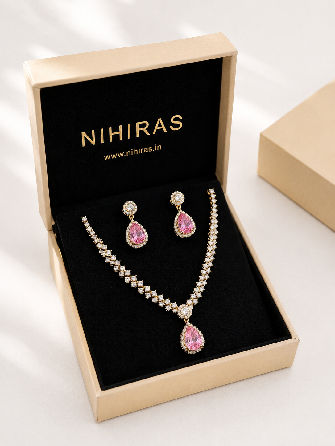 Pink Teardrop CZ Necklace Earring Set | 18K Gold Plated Anti-Tarnish