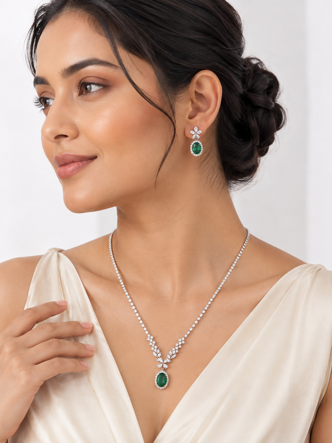 Emerald Green CZ Necklace Earrings Set – Anti-Tarnish Silver Plated