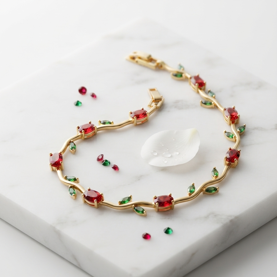 Tulip Ruby Red & Emerald Green Bracelet -18K Gold Plated | Anti-Tarnish