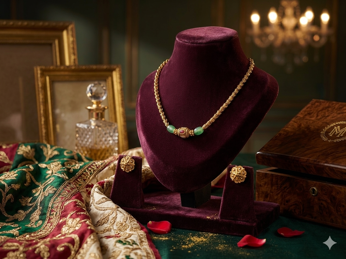 Royal Maharani Green Bead Gold Choker Necklace Set with Floral Stud Earrings