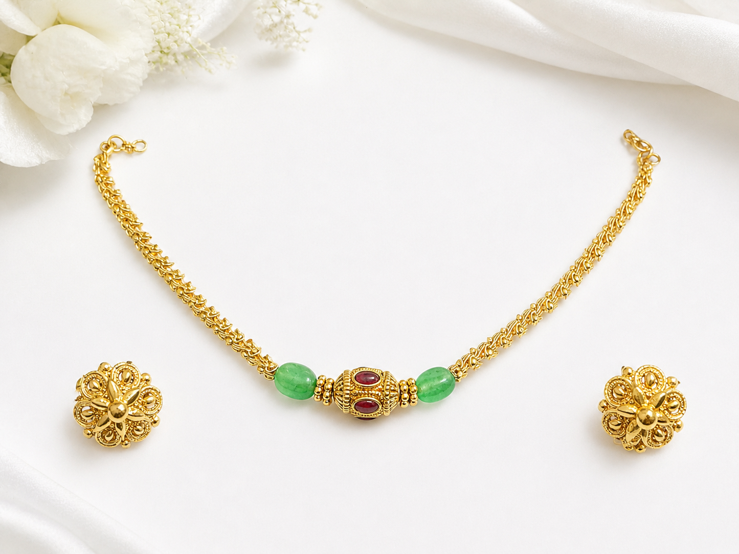 Royal Maharani Green Bead Gold Choker Necklace Set with Floral Stud Earrings