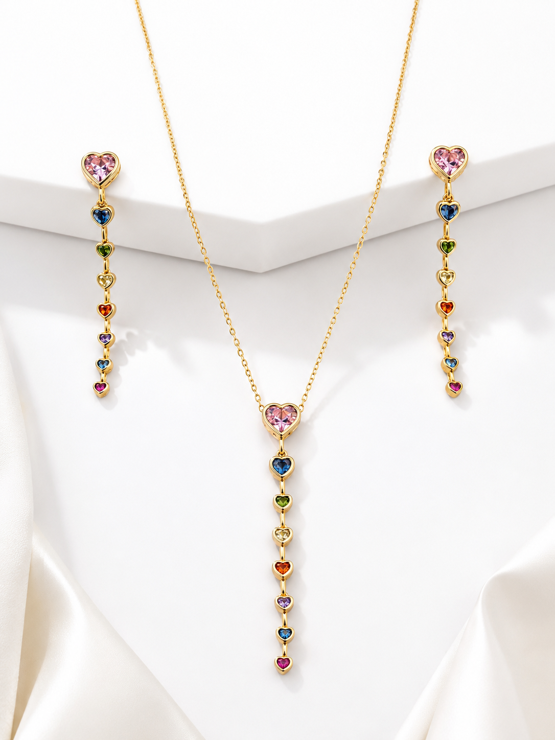 Anti-Tarnish Luxury Rainbow Heart Drop Necklace Set