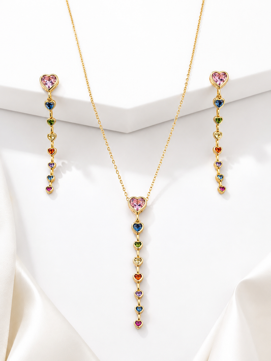 Anti-Tarnish Luxury Rainbow Heart Drop Necklace Set