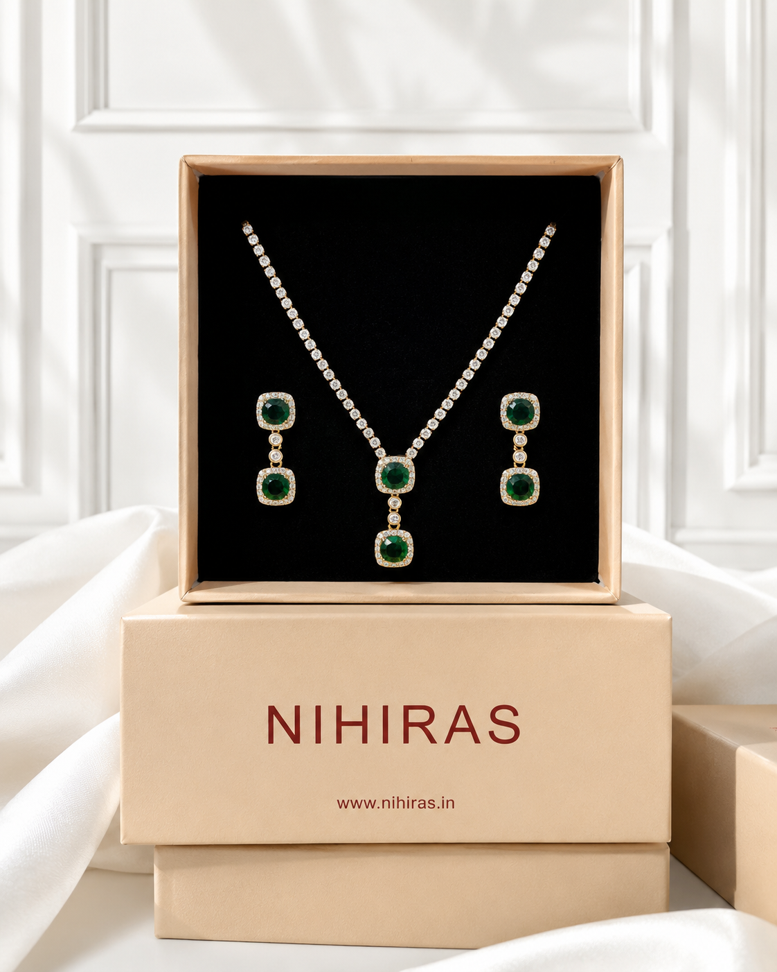 Emerald Tennis Necklace & Earrings Set – 18K Gold Plated