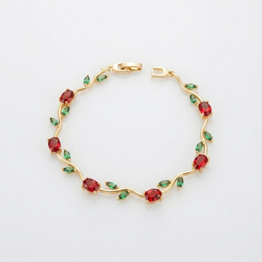 Tulip Ruby Red & Emerald Green Bracelet -18K Gold Plated | Anti-Tarnish