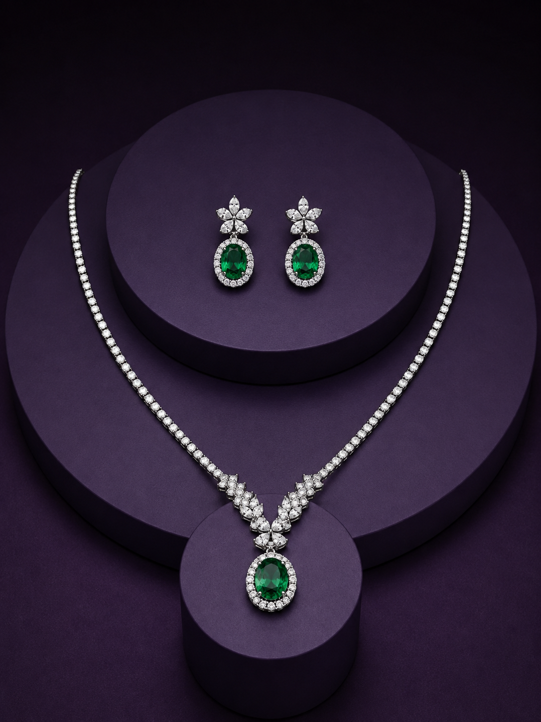 Emerald Green Oval Zirconia Tennis Necklace & Earrings Set