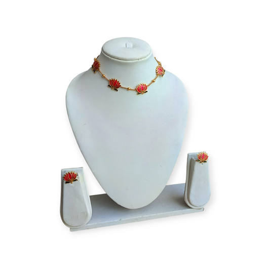 PINK-GREEN LOTUS NECKLACE SET