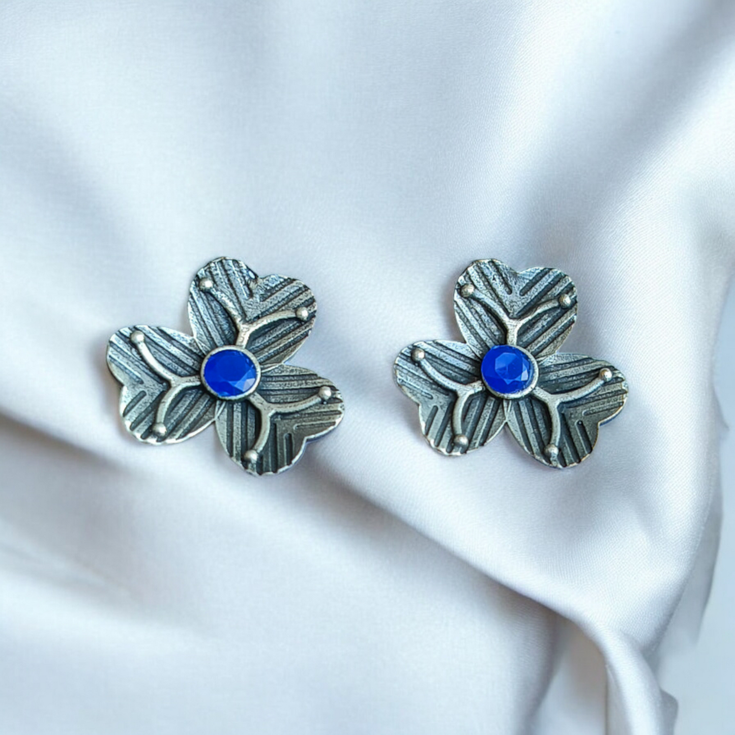 Silver-Replica Blue Flower Earrings