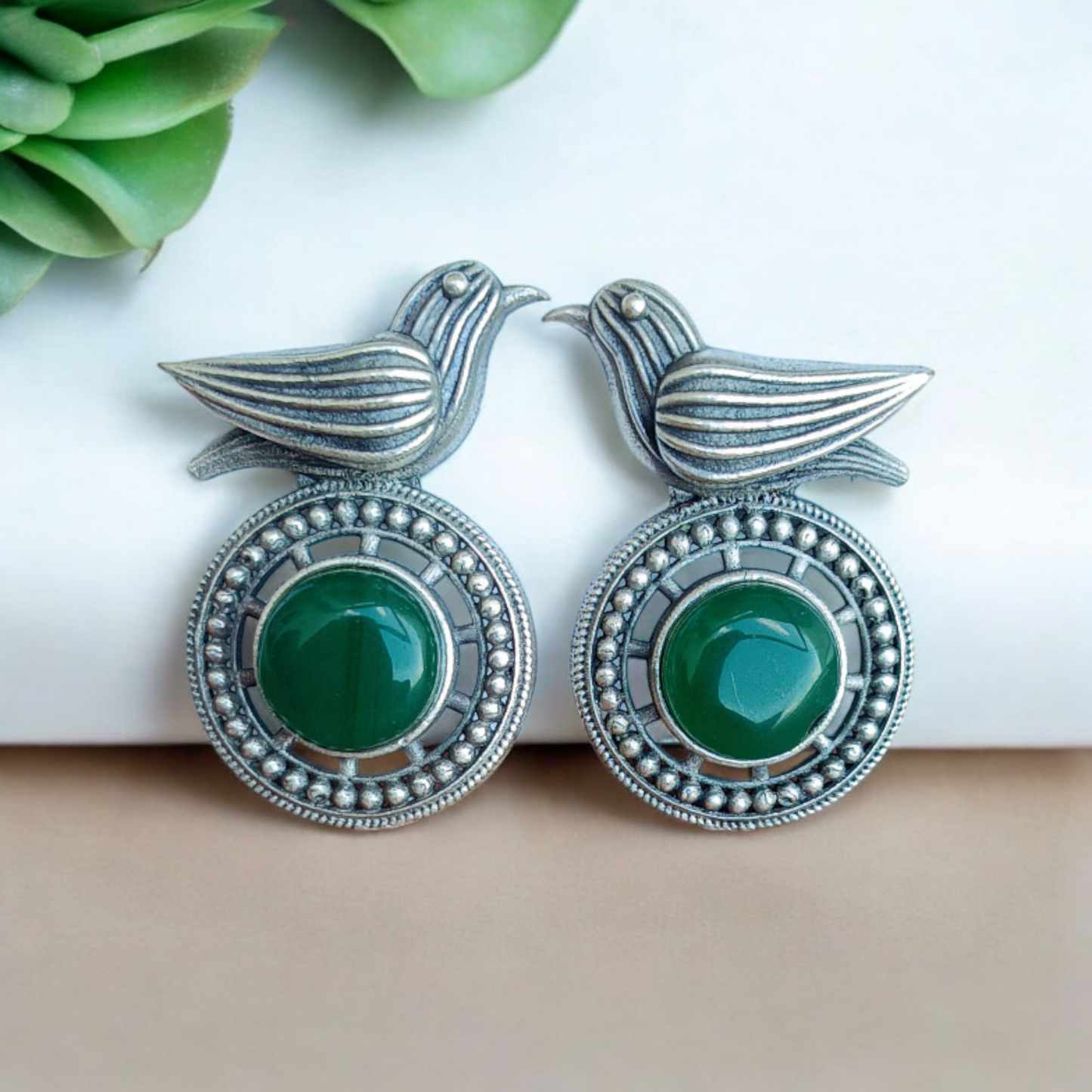 Oxidised  Green Bird Earring