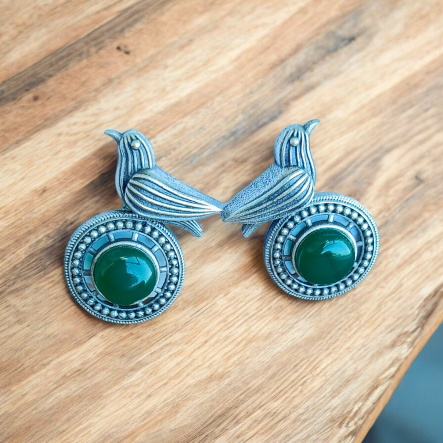 Oxidised  Green Bird Earring