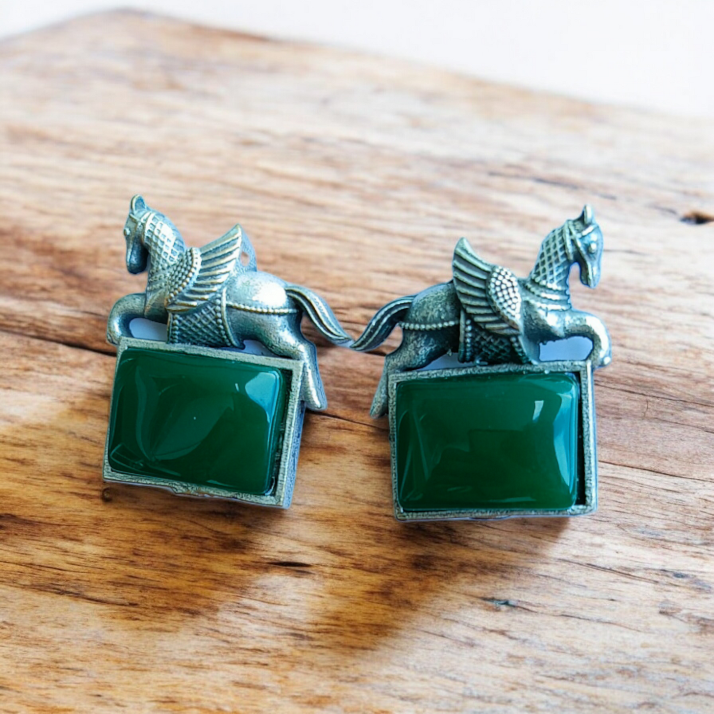 Green Monalisa Stone Oxidised Earrings
