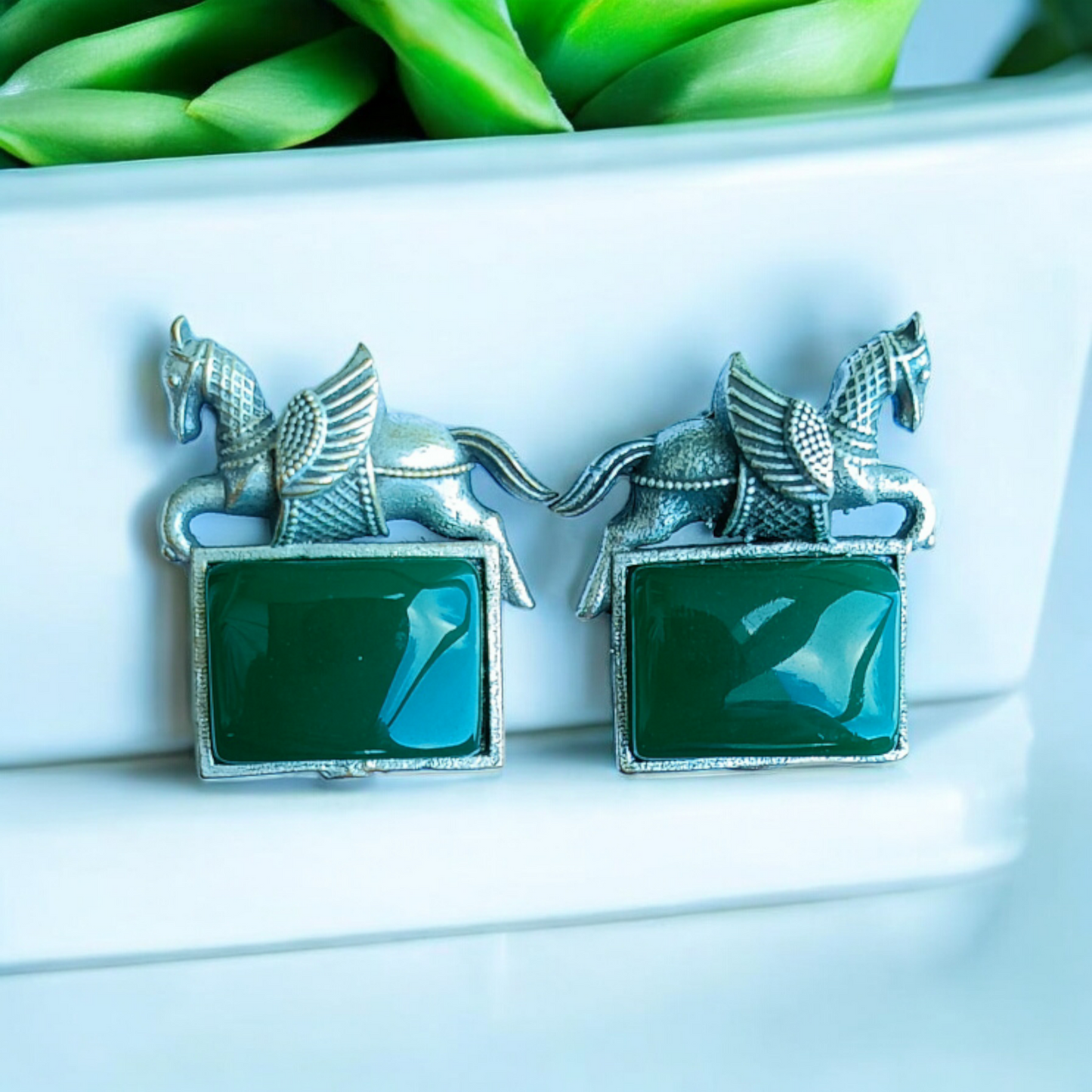 Green Monalisa Stone Oxidised Earrings