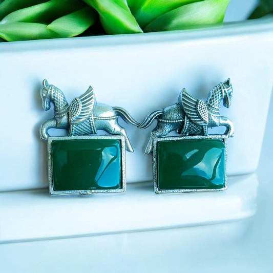 Green Monalisa Stone Oxidised Earrings