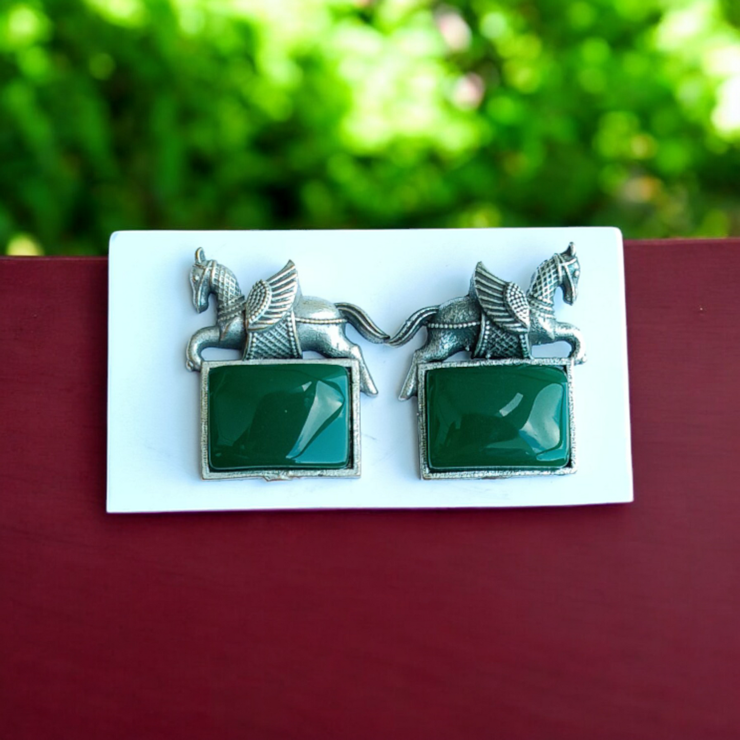 Green Monalisa Stone Oxidised Earrings