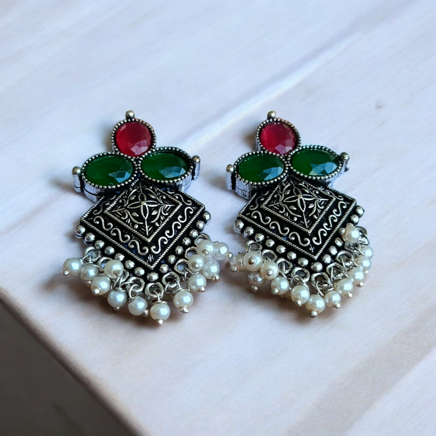 Ruby-Green Oxidized Beads Earring