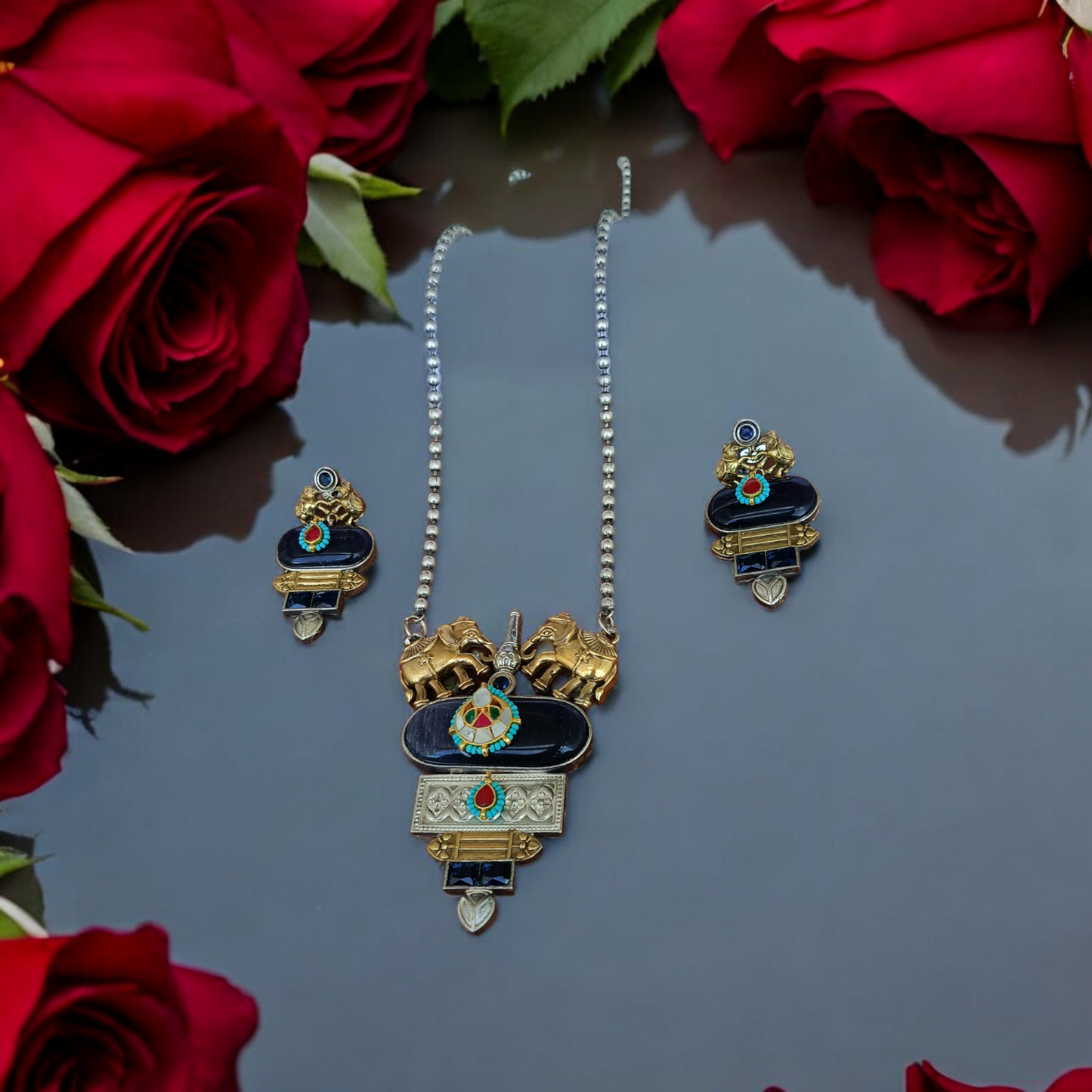 Pachi Kundan Elephant Necklace