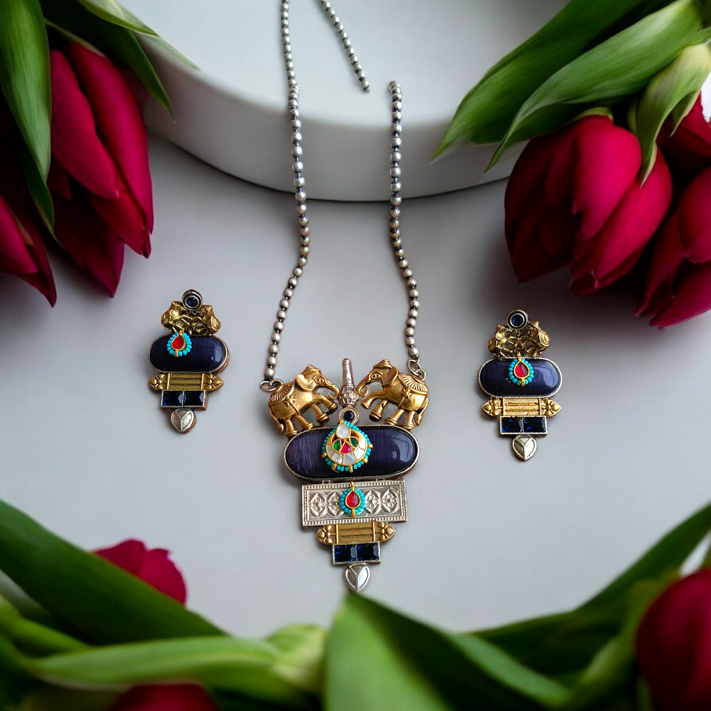Pachi Kundan Elephant Necklace