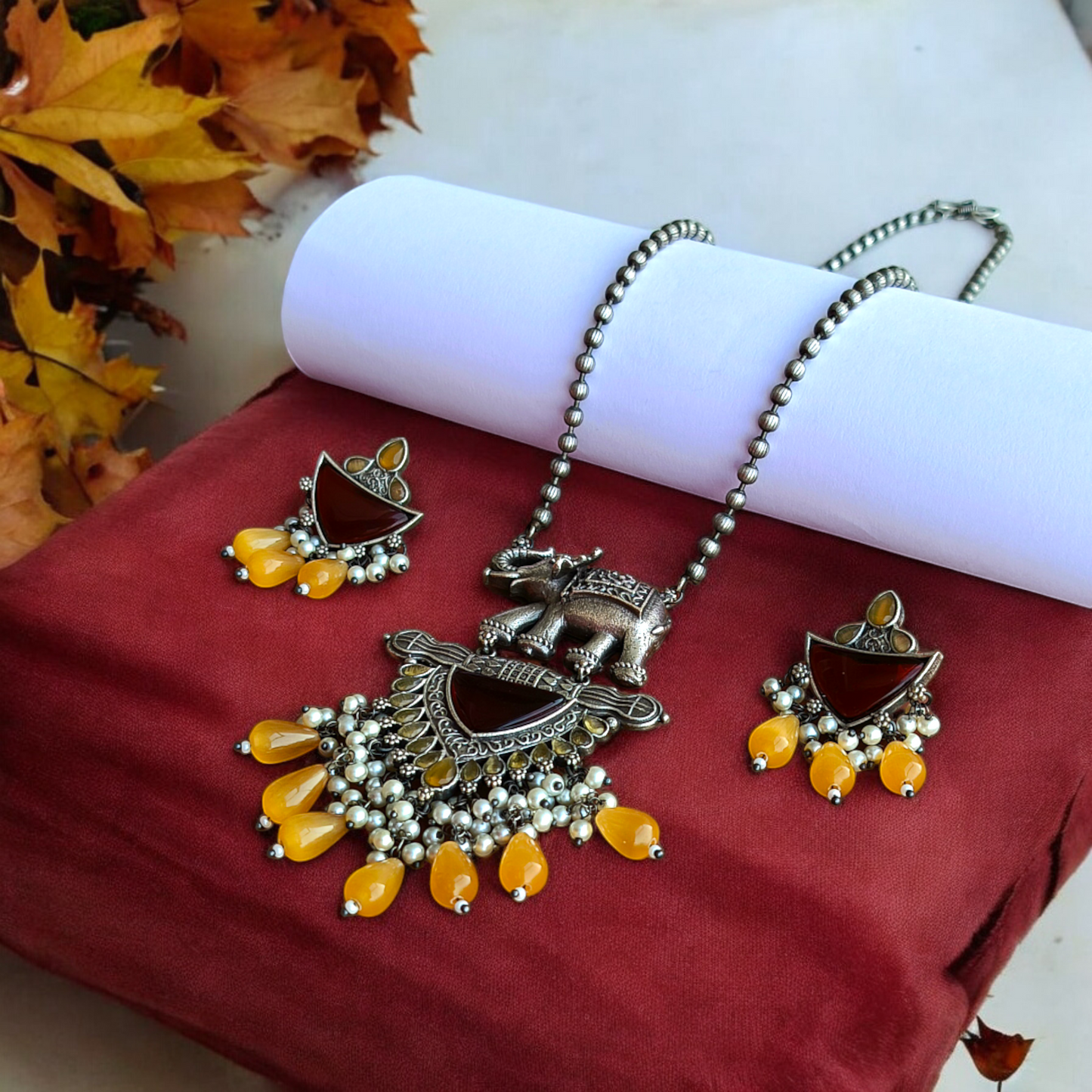 Brown Monalisa Stone with elephant long Necklace