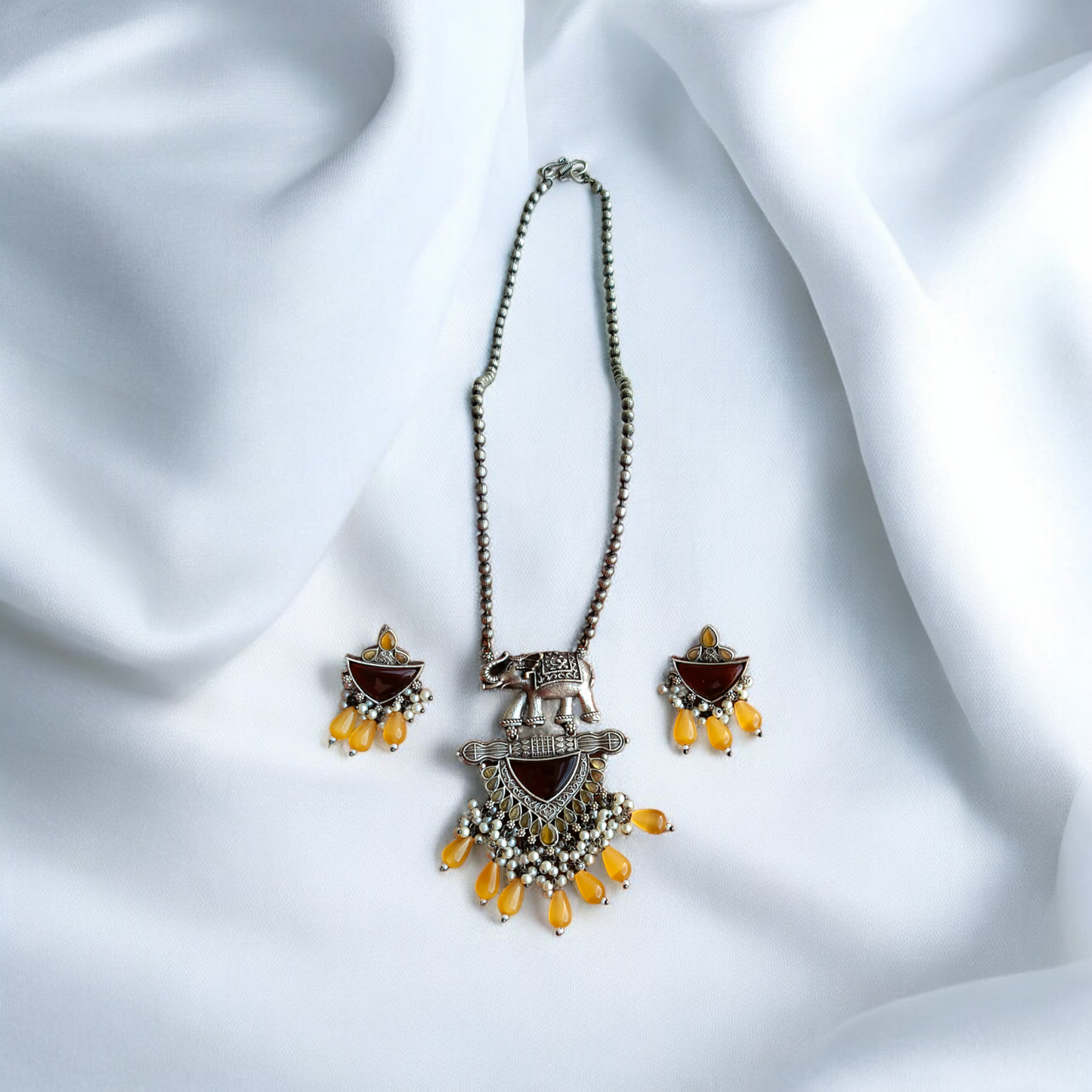 Brown Monalisa Stone with elephant long Necklace