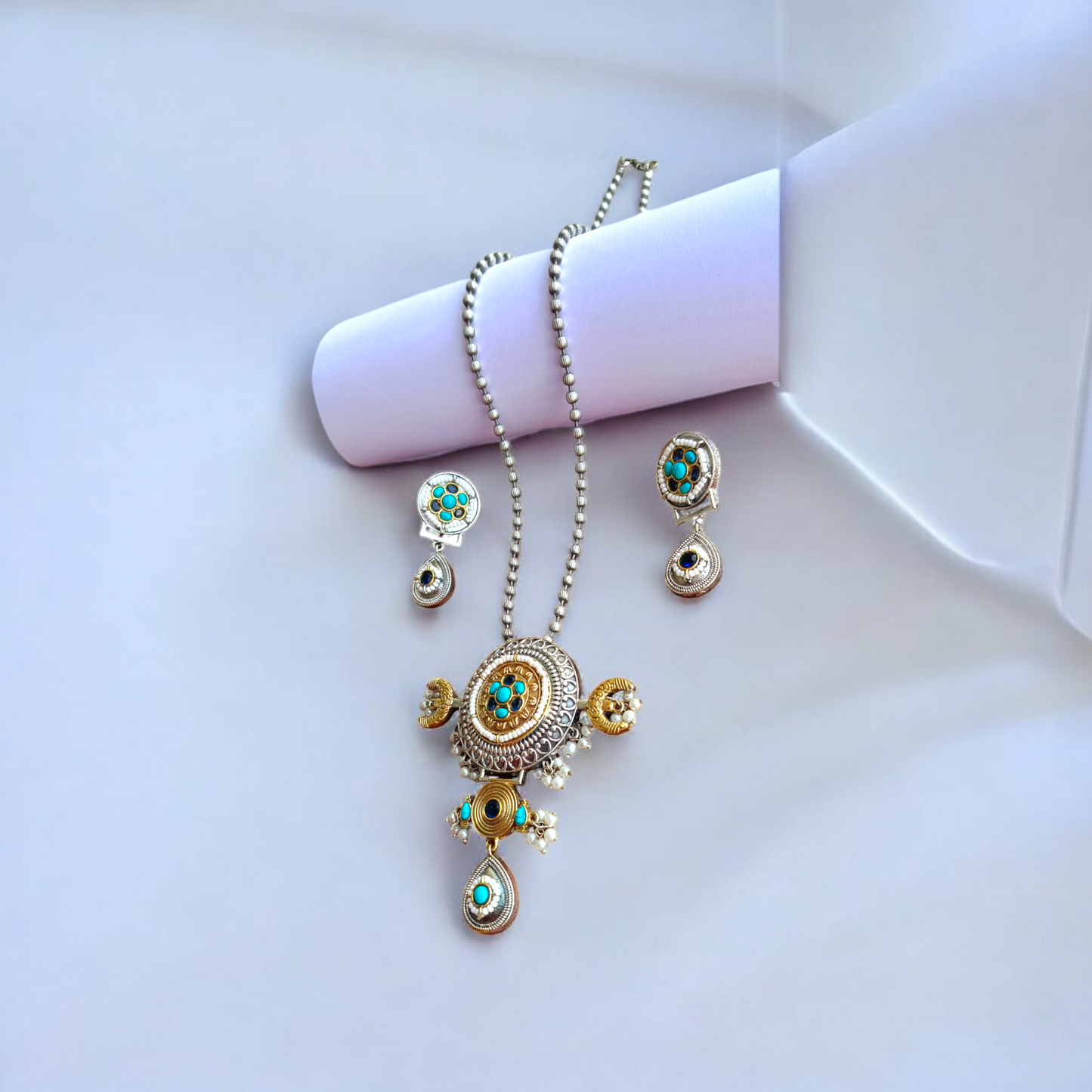 Turquoise dual tone long necklace