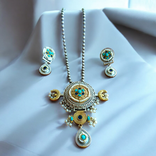 Turquoise dual tone long necklace