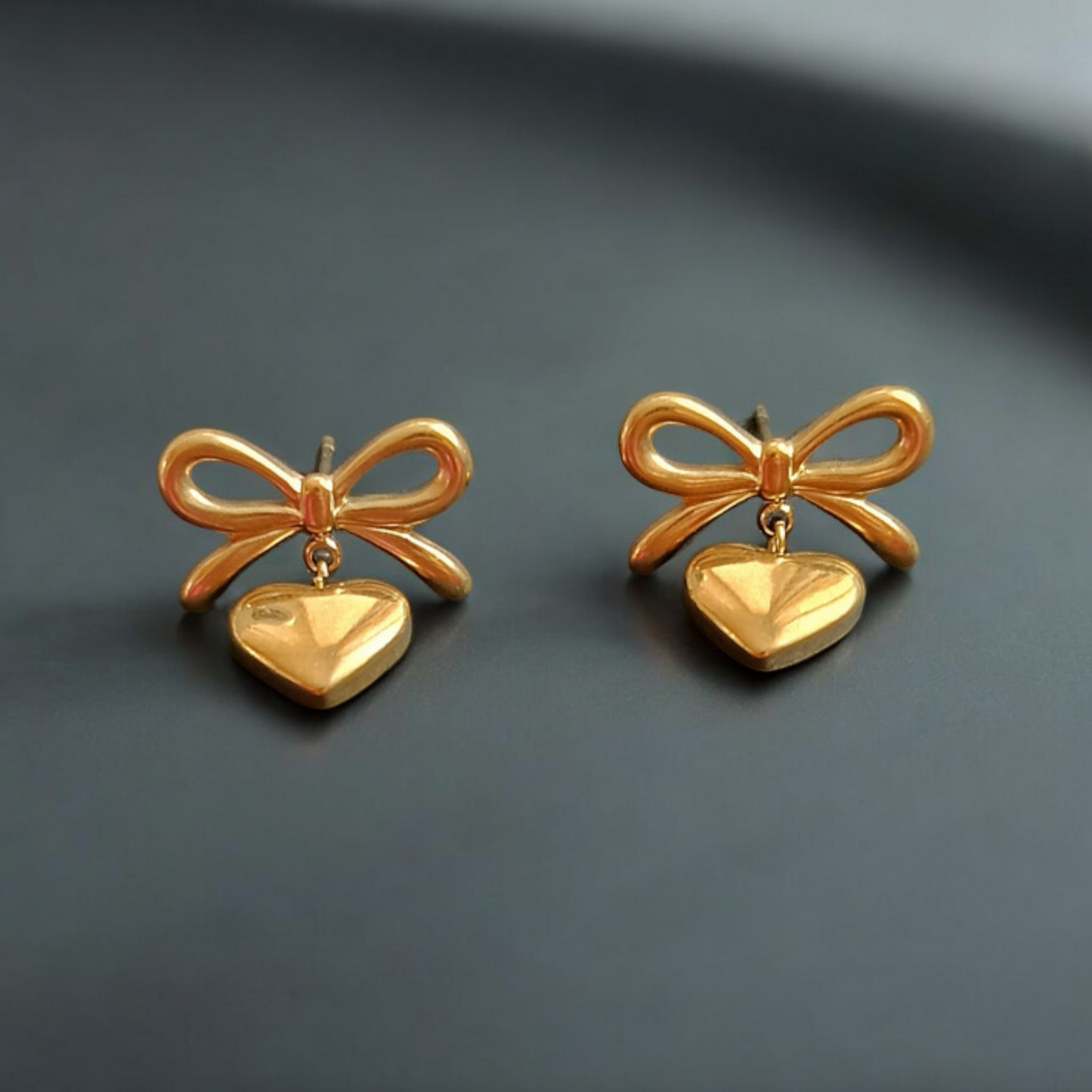 Gold Bow & Heart Stud Earrings