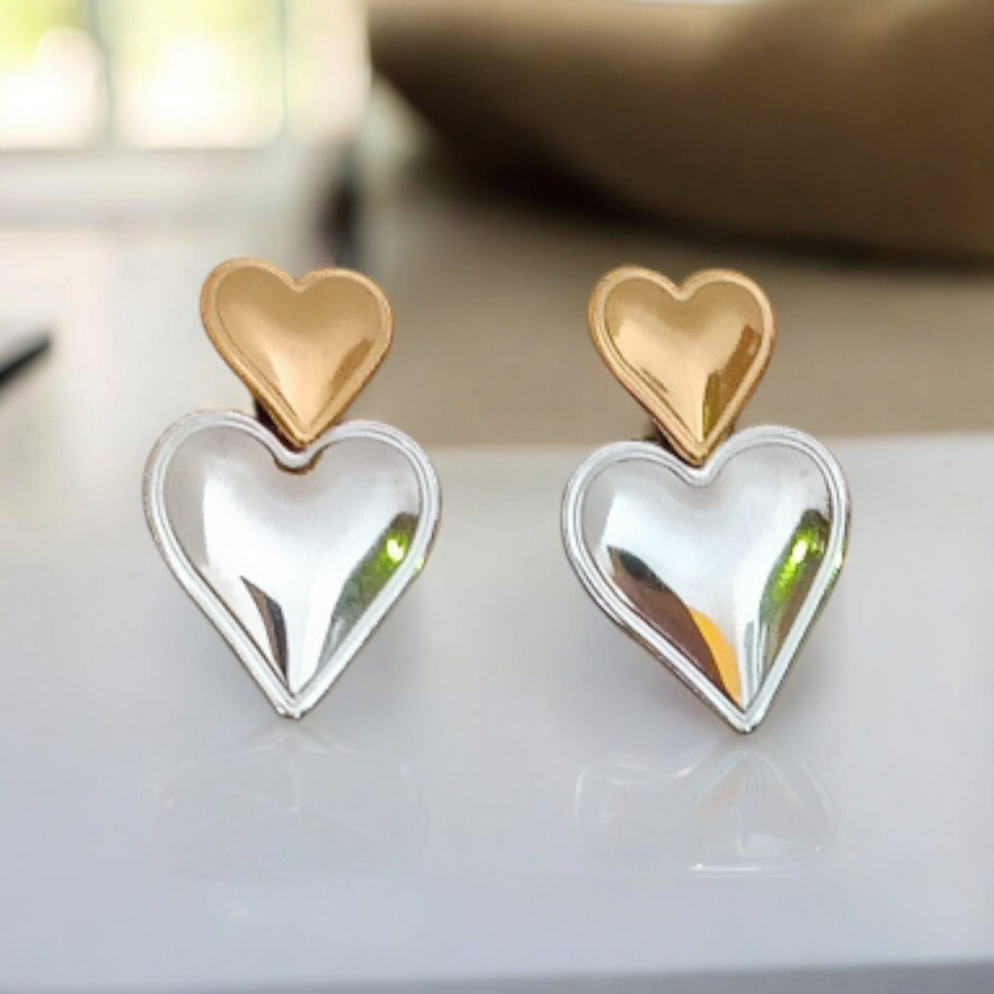 Double Heart Gold & Silver Drop Earrings