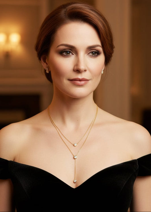 18K Gold Plated Anti-Tarnish Two Layered Solitaire Drop Necklace